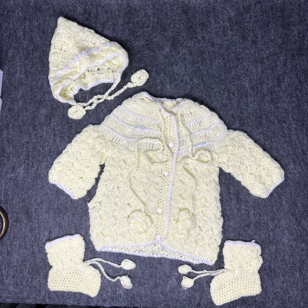 Vintage Handmade Crochet Baby Sweater Hat Booties Set Pastel Yellow Knit 0-3M